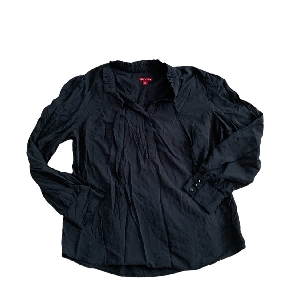 Merona | Long Sleeve Top XL Ruffle Button Down Shirt Off Black